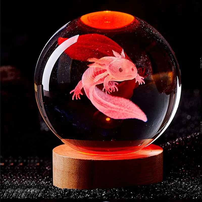 3D Axolotl laser engraved Crystal Ball coloured night light,