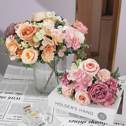 7 Heads Artificial Flowers Silk Peony Rose Hydrangea Bouquet Home Decorations Party Wedding Bride Fake Plants