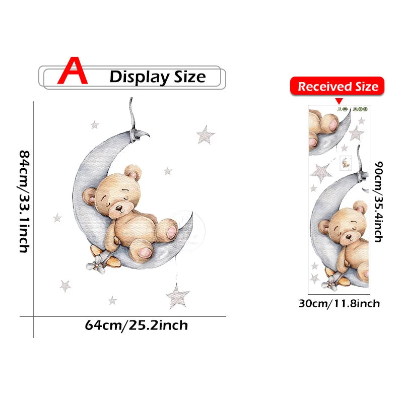 Cartoon Teddy Bear Sleeping on the Moon and Stars Wall Stickers for Kids Room Baby Room Decoration