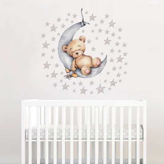 Cartoon Teddy Bear Sleeping on the Moon and Stars Wall Stickers for Kids Room Baby Room Decoration