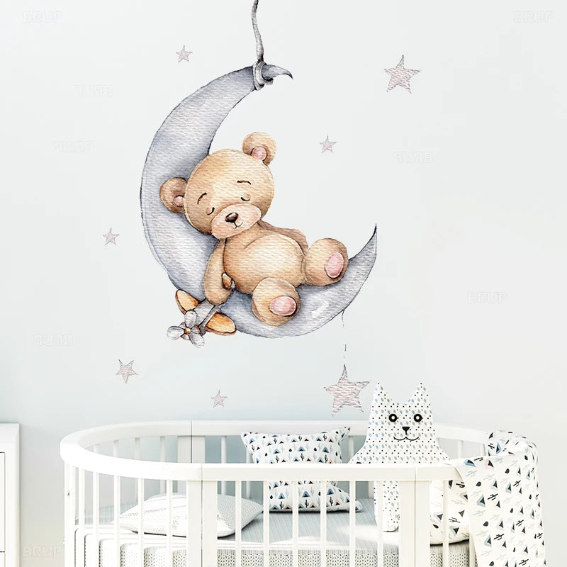 Cartoon Teddy Bear Sleeping on the Moon and Stars Wall Stickers for Kids Room Baby Room Decoration